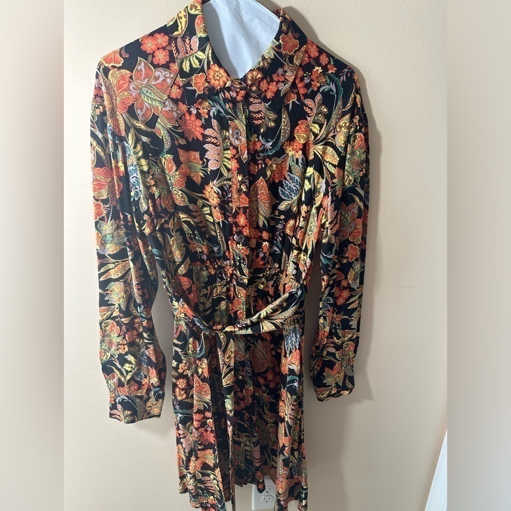 Polagram paisley floral Fall shirt dress tie belt size small